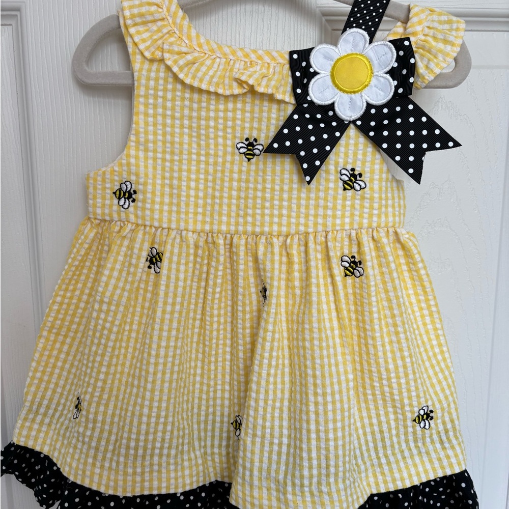 Yellow Gingham Dress with Polka Dot Bow and Bees